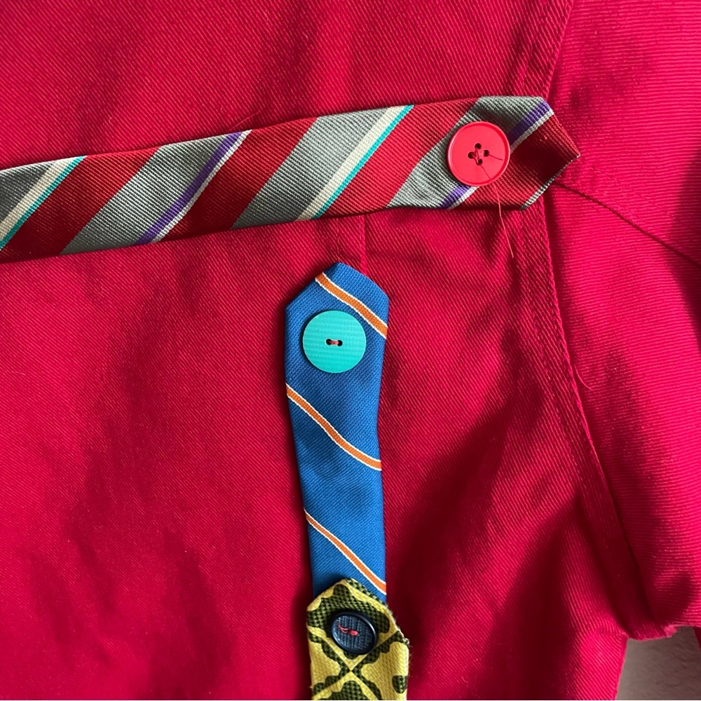 Unique Red Denim Jacket With Ties Patchwork - image 7